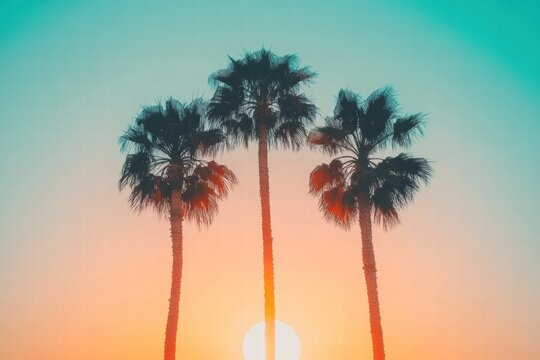 Beautiful silhouette of palm trees against a pastel orange and blue gradient sunset sky with ample copy space. Generative AI - Powered by Adobe