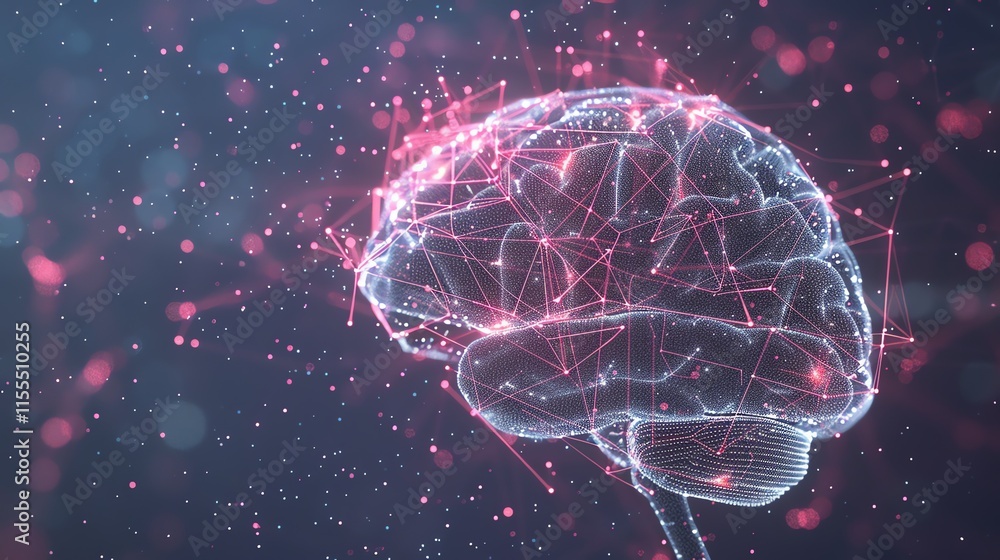 Poster a digital rendering of a human brain, glowing with blue light and connected by pink lines to a netwo