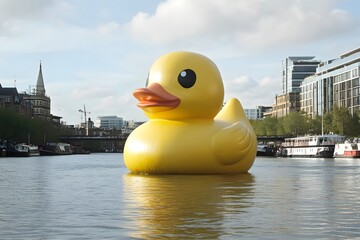 A giant yellow rubber duck floats on calm water, surrounded by urban buildings.