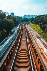Naklejka premium A railway track curves through a lush landscape under a bright sky.
