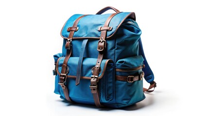 Naklejka premium Blue Backpack, Isolated White Background, Urban Exploration Photography, Travel Gear, Hiking Backpack