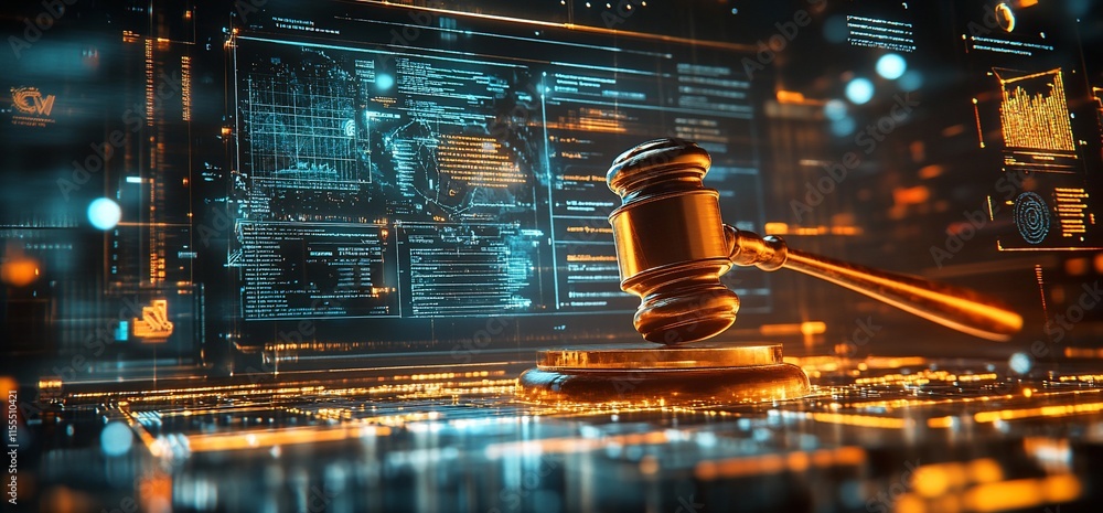 Poster a digital gavel symbolizing justice and technology integration.