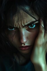 Fototapeta premium Contorted emotional expression, soft lighting, exaggerated face