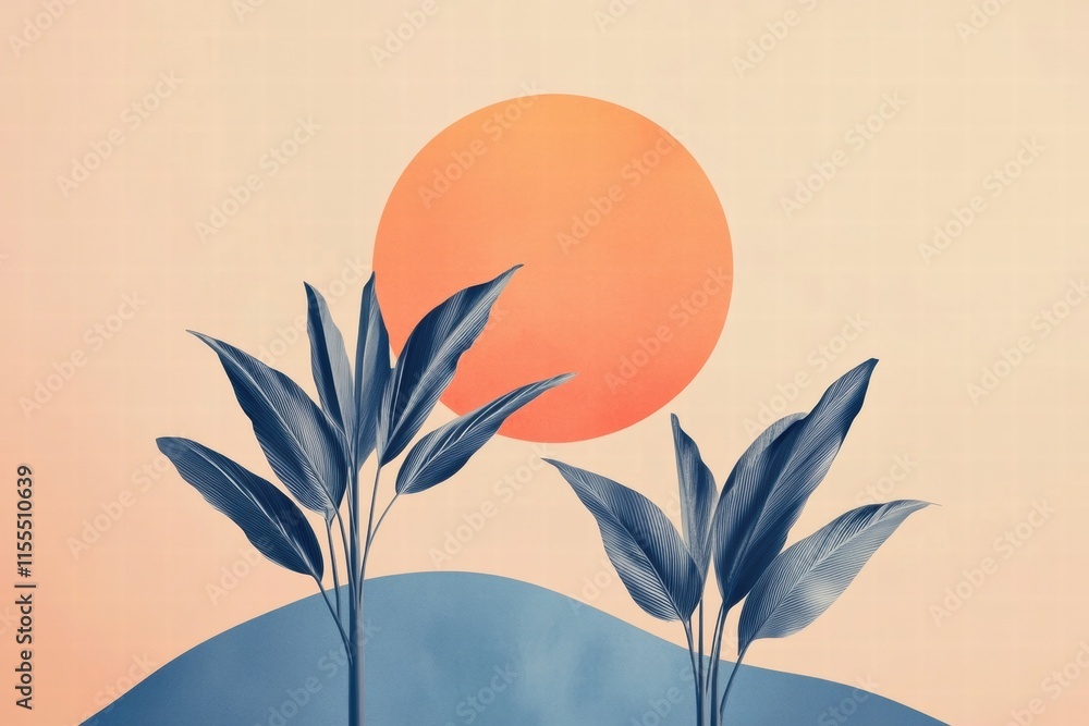 Poster vibrant sunset with palm trees silhouetted against a pastel gradient sky and ample copy space for cr
