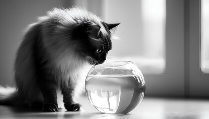 Fluffy Cat Drinking Water from Glass Bowl