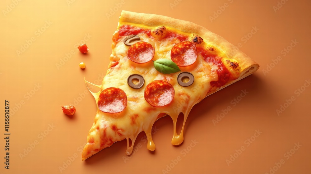 Aufkleber Delicious pizza slice with stylized toppings dripping cheese on a minimalist background for creative mock up. Generative AI