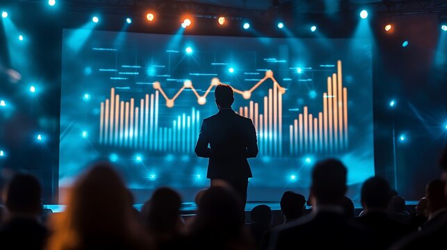 Speaker presenting financial data on a large screen to an audience.