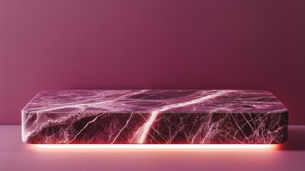 A pink marble table with a light shining on it. Background for display your product. Podium mock up for product presentation.