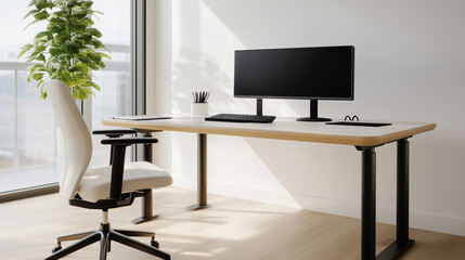 Modern home office setup featuring desk, monitor, and plant with natural light in a contemporary space