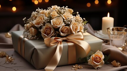 Wedding gifts WITH flowers in an elegant placing on a table,