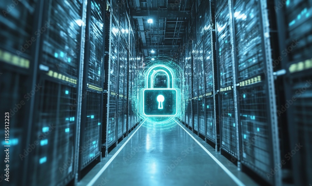 Poster a digital lock symbol in a data storage facility, emphasizing security.