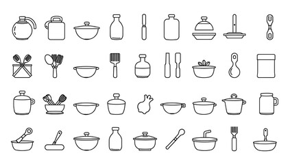 20 outline icons with kitchen related themes. Assortment of linear icons. A stroke that can be edited. Illustration in vector form.