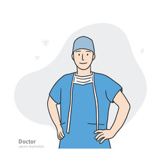 It is an illustration of a doctor standing tall with his hands on his waist while wearing a surgical suit. A vector element drawn by hand.
