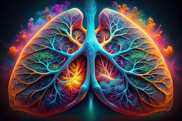 Obraz premium Colorful Lungs X-Ray Scan: Low Light Medical Imaging, Vibrant Pulmonary Anatomy, Detailed Radiography