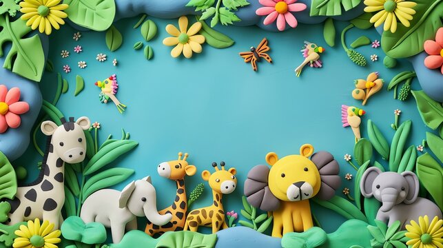 Whimsical clay animals and flowers arranged in a border on a blue background.
