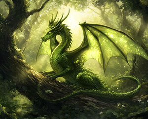 Majestic green dragon nestled in a sun-dappled forest, fantasy artwork.