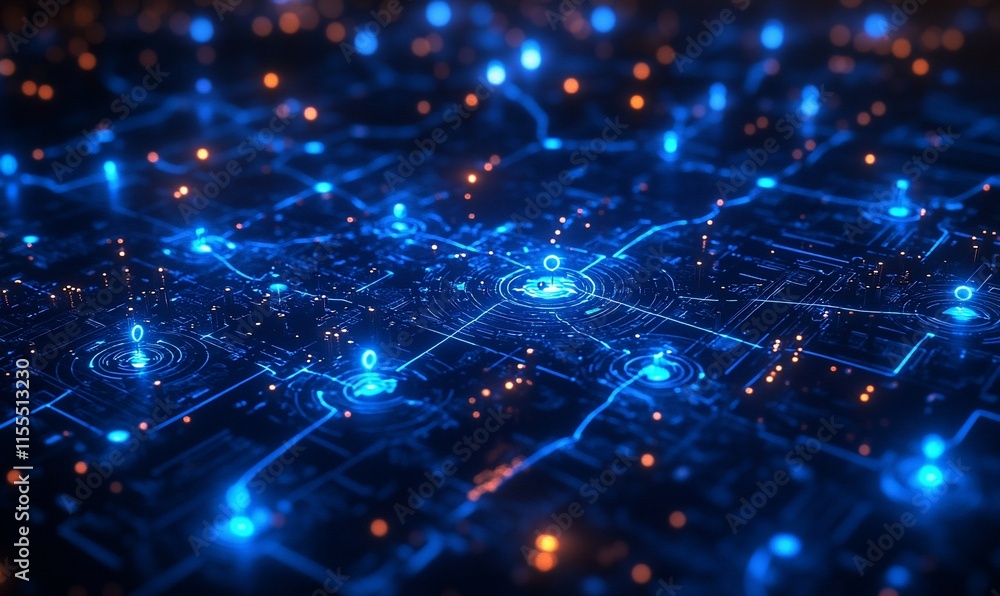 Aufkleber a digital network visualization with glowing nodes and connections.