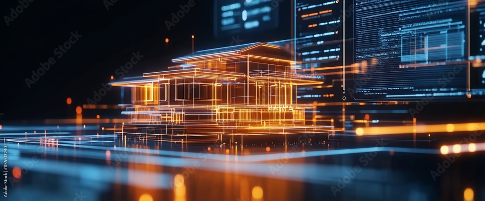 Poster a digital rendering of a house with data overlays, showcasing architectural design.