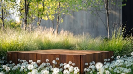 Fototapeta premium Polished wood podium surrounded by tall grasses and dandelions 