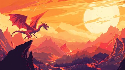 Fototapeta premium A red dragon soars above a fantastical mountain landscape with a large sun in the sky.
