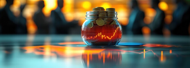 Animated savings jar sits atop a pie chart with financial experts in discussion