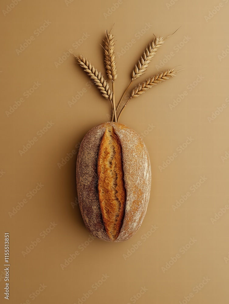 Leinwandbilder minimalist bread loaf with wheat grains on earthy background for elegant design mock up and simple c