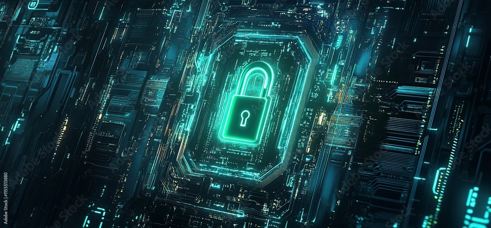 Poster a digital padlock symbolizing cybersecurity within a futuristic backdrop.
