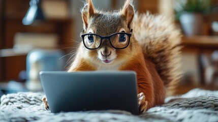 Fototapeta na wymiar Frustrated squirrel typing on laptop in cozy room animal photography indoor workspace working on a project