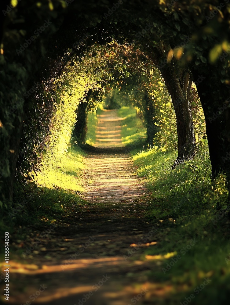 Poster Serene Pathway Tunnel of Trees in a Lush Forest with Sunlight and Shadows : Generative AI