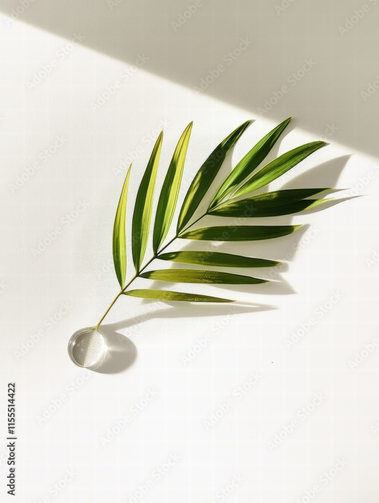 Aufkleber perfect green leaf with a single transparent water droplet resting on a soft surface in bright natur