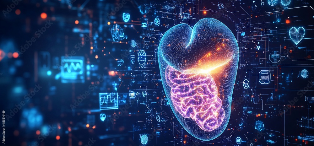 Poster a digital representation of a heart and intestines with data visuals.