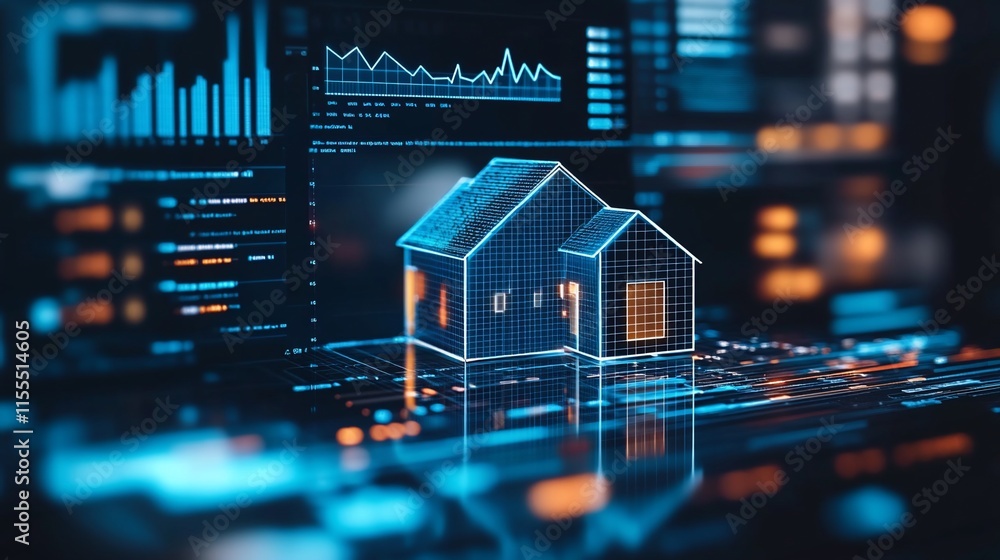 Poster a digital representation of a house with data analytics in the background.