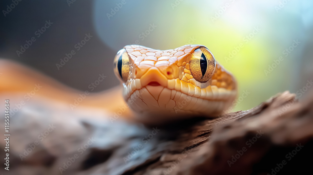 Poster close-up view of a vibrant snake resting on a branch in a natural habitat during daylight
