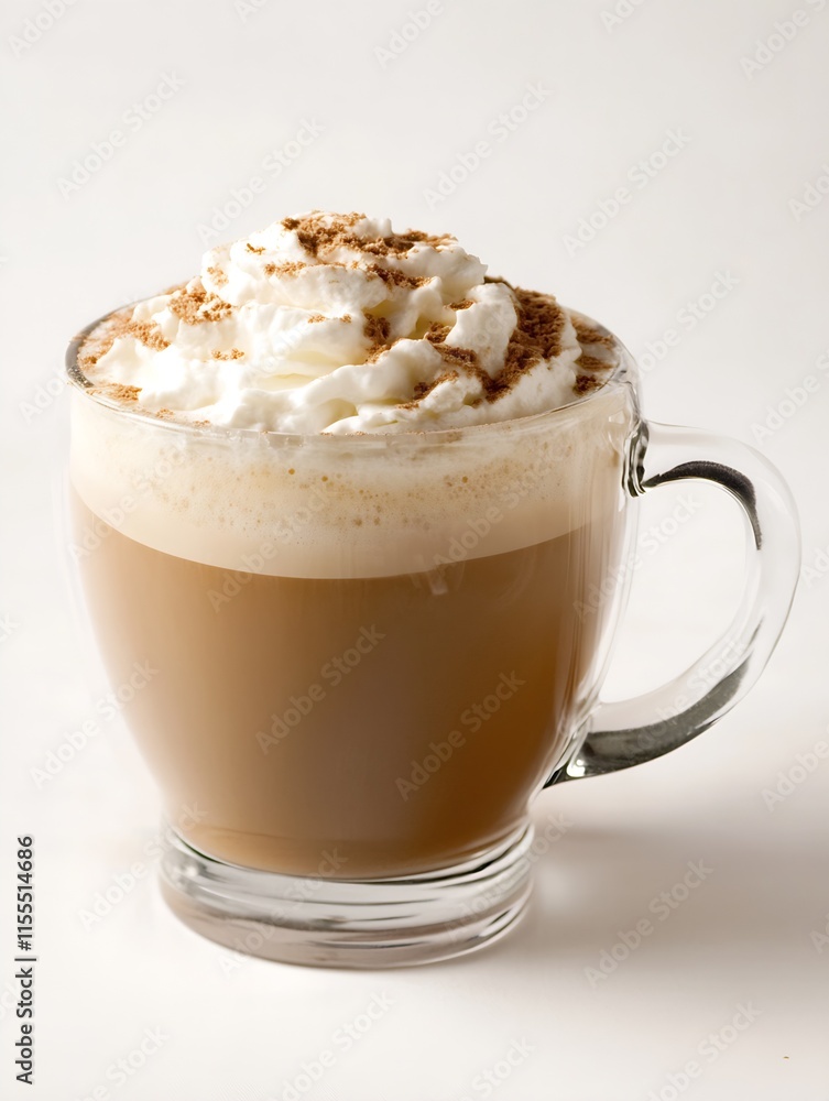 Aufkleber Delicious Latte with Cream and Cinnamon in a Transparent Glass Cup on White Background : Generative AI