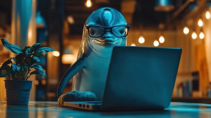 Frustrated dolphin working on laptop office space digital art cozy environment close-up view concept of productivity