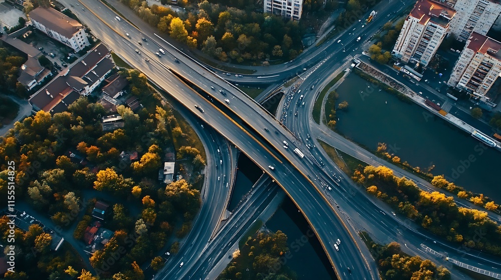 Poster dynamic city highway interchange with flowing traffic and urban buildings : generative ai