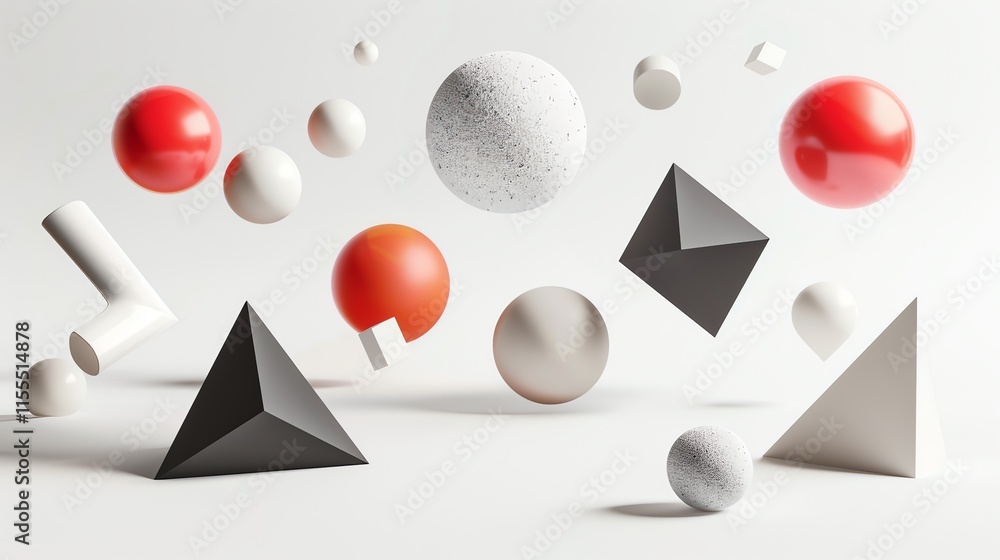 Poster a 3d rendering of a collection of floating geometric shapes in various colors and textures.