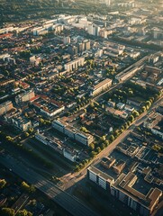 Fototapeta premium Dense Urban Area with Gridlike Pattern and Residential Buildings in Warm Evening Light Aerial Photography : Generative AI