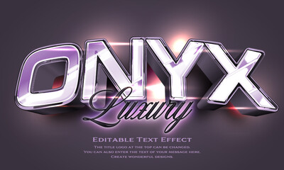 ”Onyx Luxury” Editable title logo text style effect in metallic purple with glossy and luster, sans serif typeface

