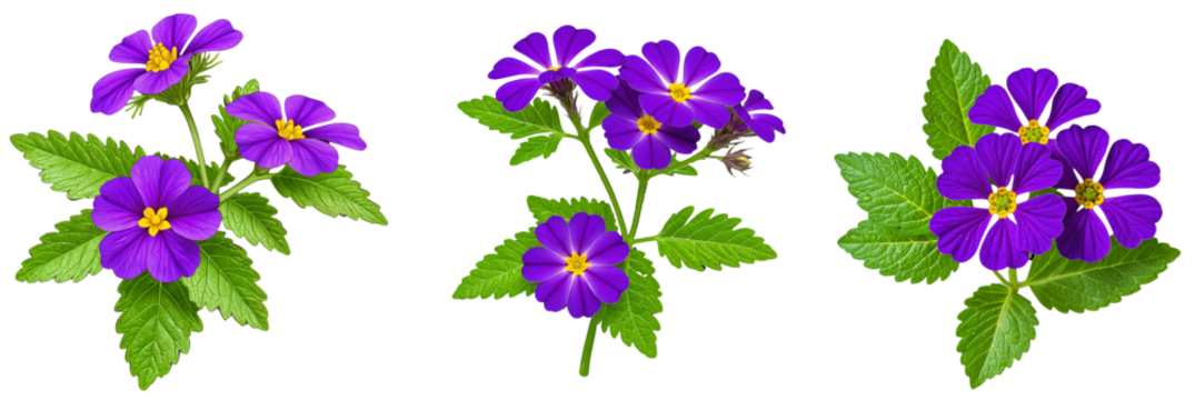 Set of purple verbena flowers with yellow centers on a green leafy stems on a transparent background