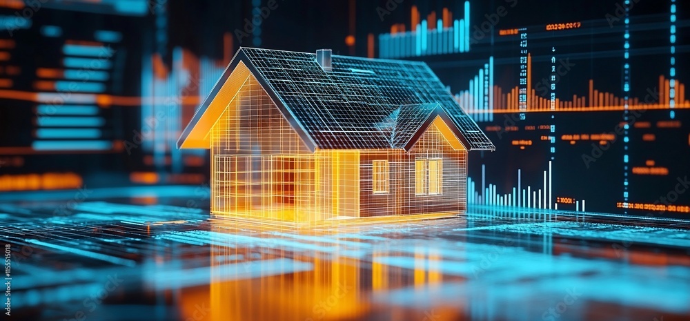 Poster a digital representation of a house with data analytics overlays.