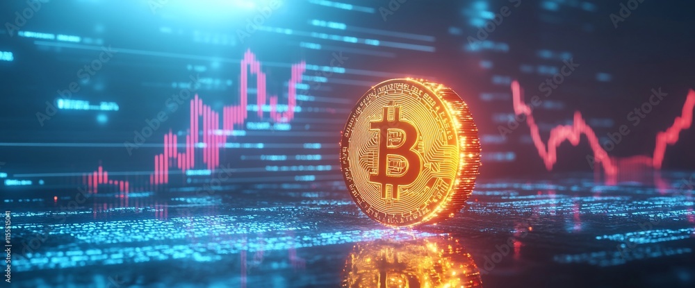 Poster a digital representation of bitcoin with fluctuating market graphs in the background.