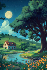 A beautiful and peaceful digital illustration, of a english village house scene when the moon is bright with a beautiful sky and stars. 