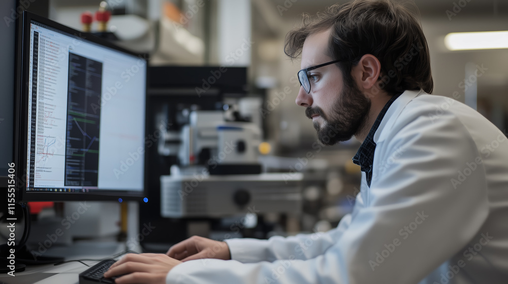 Poster scientists conduct research and analyze data in a modern laboratory setting during the day