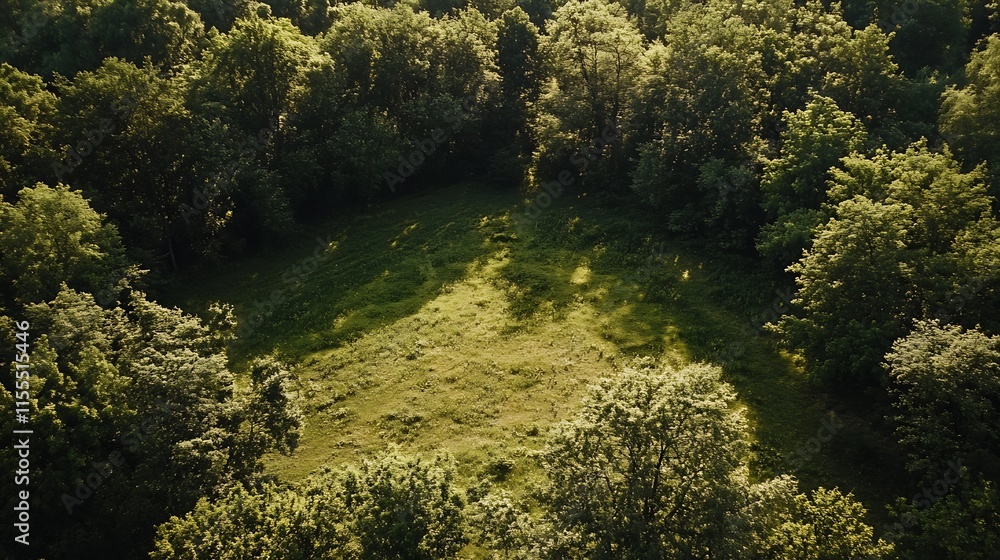 Poster Aerial View of Sunlit Forest Clearing with Dense Trees Surrounding an Open Green Field : Generative AI