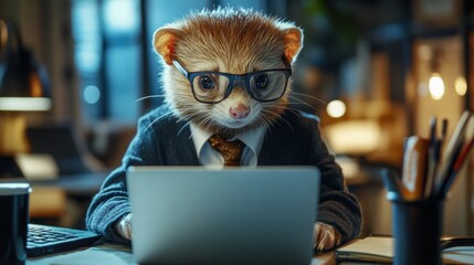 Frustrated ferret working on laptop home office digital art cozy room close-up typing challenge