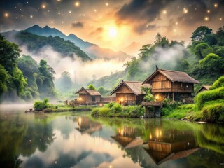 Fototapeta premium Double Exposure: Serene Village, Misty Mountains, Tranquil River - Peaceful Landscape Photography