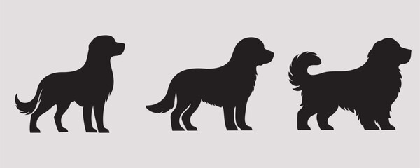 Three dog silhouettes in various poses on a neutral gray background