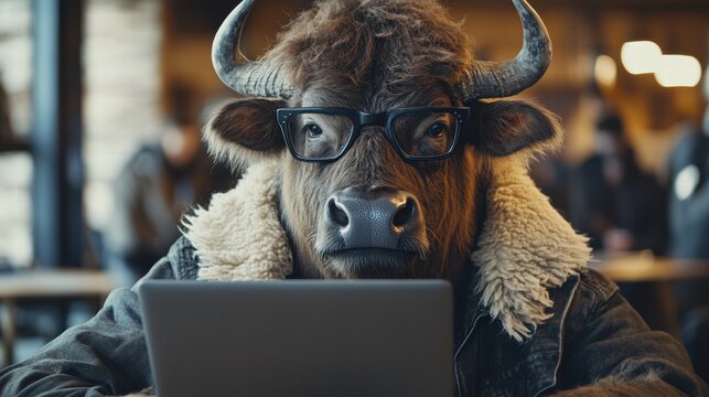 Frustrated buffalo working on laptop office overlook digital art indoor workspace close-up humorous concept