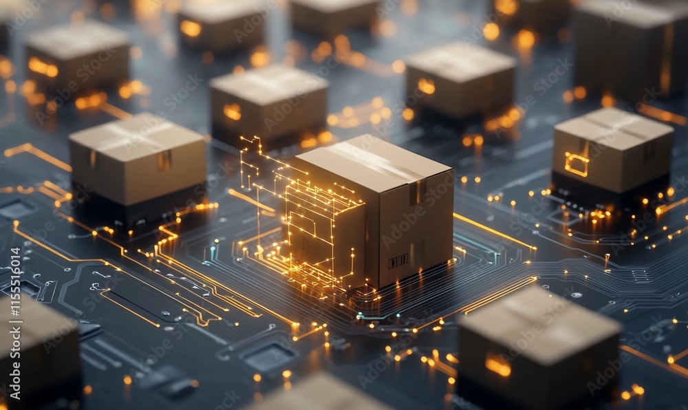 Poster a digital representation of packages on a circuit board, symbolizing logistics.
